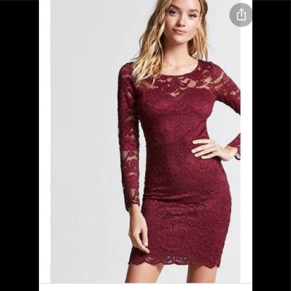 AMBIANCE burgundy long sleeve lace dress, size small.